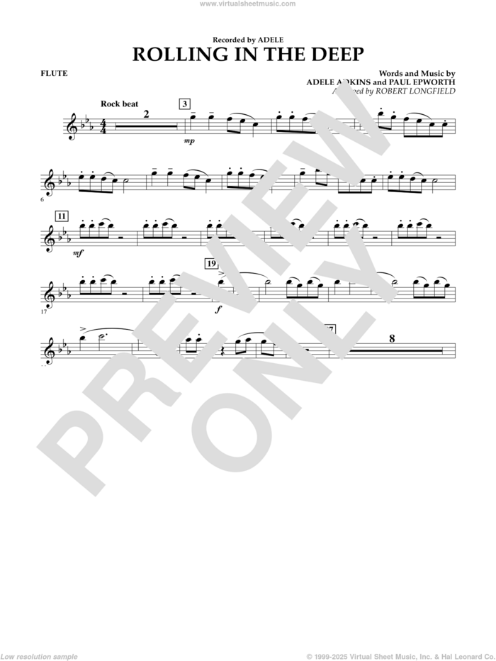 Rolling in the Deep sheet music for concert band (flute) by Adele, Adele Adkins, Paul Epworth and Robert Longfield, intermediate skill level