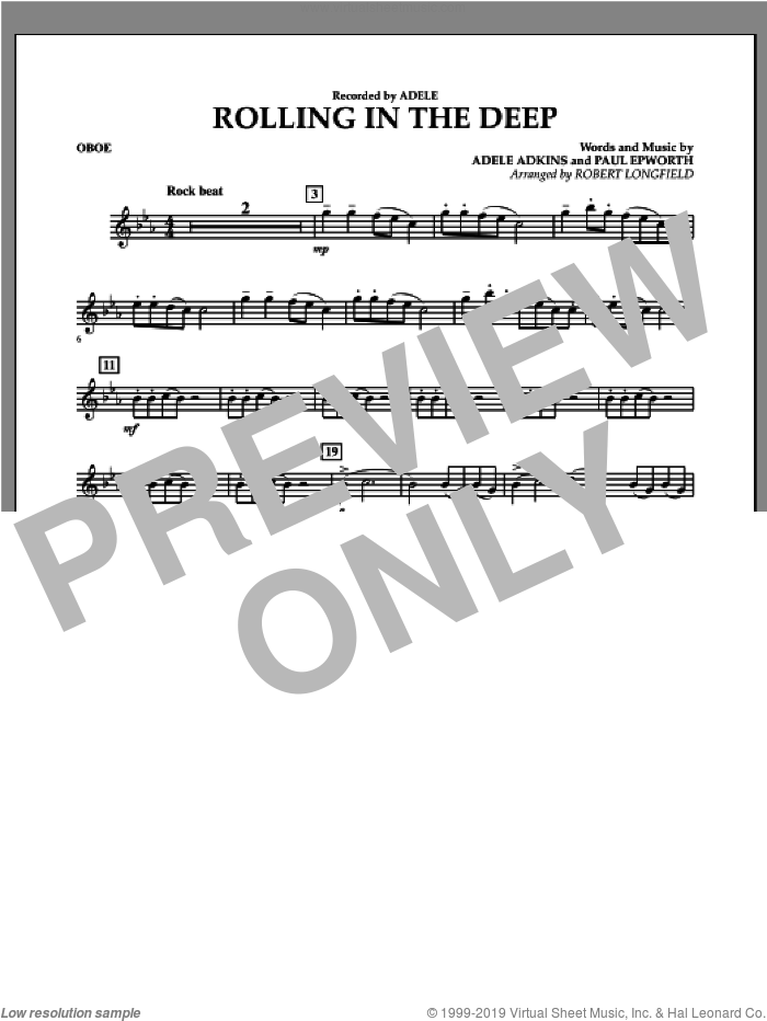 Rolling in the Deep sheet music for concert band (oboe) by Adele, Adele Adkins, Paul Epworth and Robert Longfield, intermediate skill level