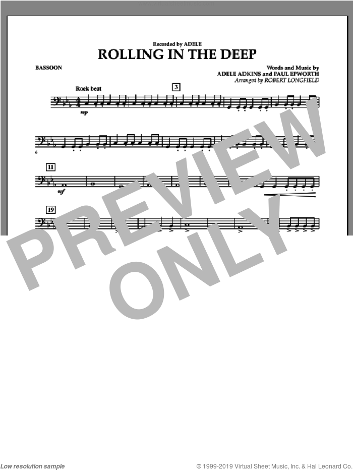 Rolling in the Deep sheet music for concert band (bassoon) by Adele, Adele Adkins, Paul Epworth and Robert Longfield, intermediate skill level