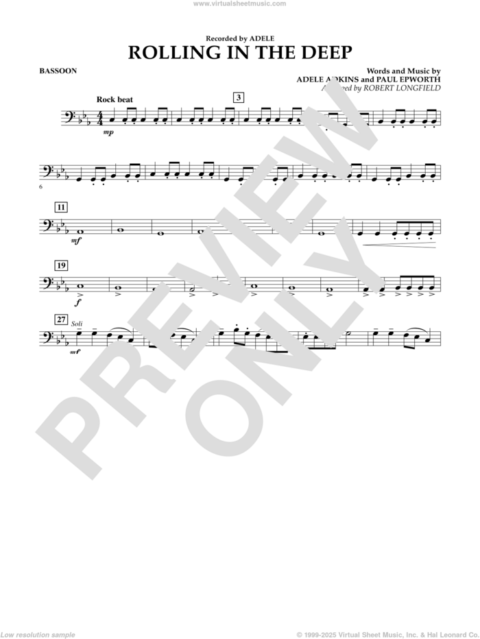 Rolling in the Deep sheet music for concert band (bassoon) by Adele, Adele Adkins, Paul Epworth and Robert Longfield, intermediate skill level