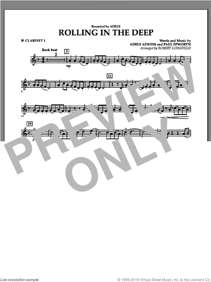 Rolling in the Deep sheet music for concert band (Bb clarinet 1) by Adele, Adele Adkins, Paul Epworth and Robert Longfield, intermediate skill level