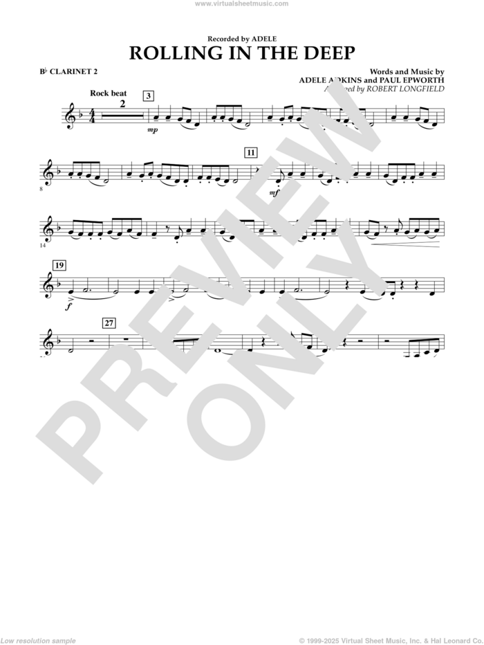 Rolling in the Deep sheet music for concert band (Bb clarinet 2) by Adele, Adele Adkins, Paul Epworth and Robert Longfield, intermediate skill level