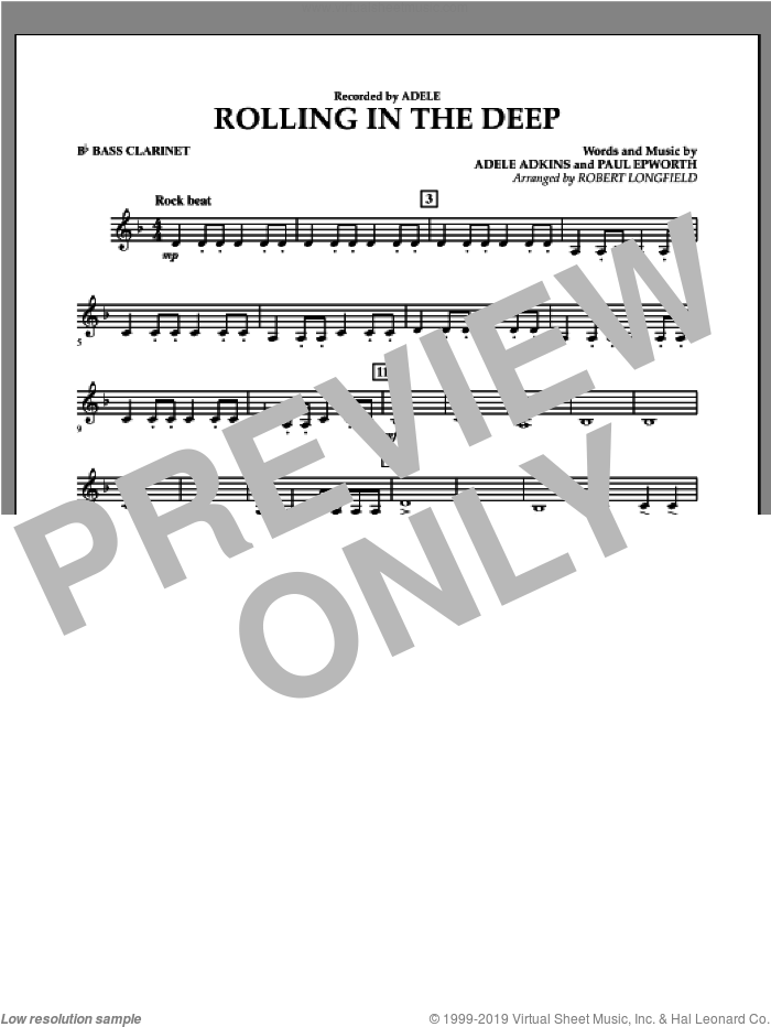Rolling in the Deep sheet music for concert band (Bb bass clarinet) by Adele, Adele Adkins, Paul Epworth and Robert Longfield, intermediate skill level