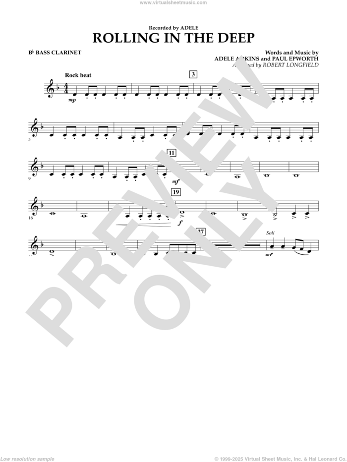 Rolling in the Deep sheet music for concert band (Bb bass clarinet) by Adele, Adele Adkins, Paul Epworth and Robert Longfield, intermediate skill level
