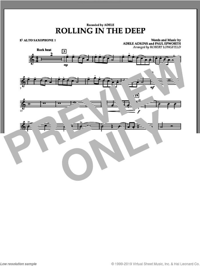 Rolling in the Deep sheet music for concert band (Eb alto saxophone 1) by Adele, Adele Adkins, Paul Epworth and Robert Longfield, intermediate skill level