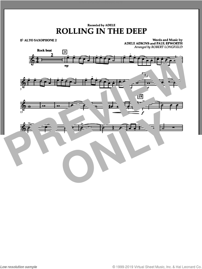 Rolling in the Deep sheet music for concert band (Eb alto saxophone 2) by Adele, Adele Adkins, Paul Epworth and Robert Longfield, intermediate skill level