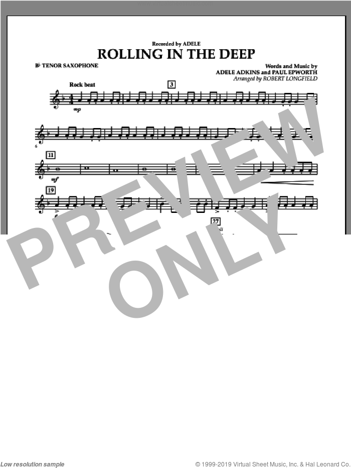 Rolling in the Deep sheet music for concert band (Bb tenor saxophone) by Adele, Adele Adkins, Paul Epworth and Robert Longfield, intermediate skill level