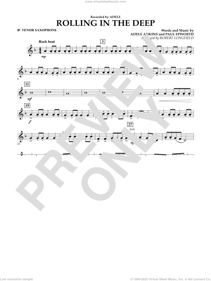 Rolling in the Deep sheet music for concert band (Bb tenor saxophone) by Adele, Adele Adkins, Paul Epworth and Robert Longfield, intermediate skill level