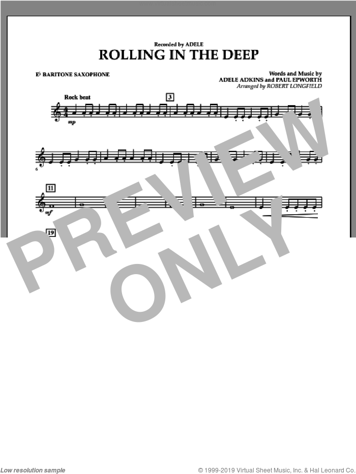 Rolling in the Deep sheet music for concert band (Eb baritone saxophone) by Adele, Adele Adkins, Paul Epworth and Robert Longfield, intermediate skill level