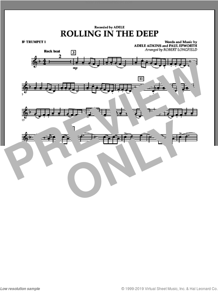 Rolling in the Deep sheet music for concert band (Bb trumpet 1) by Adele, Adele Adkins, Paul Epworth and Robert Longfield, intermediate skill level