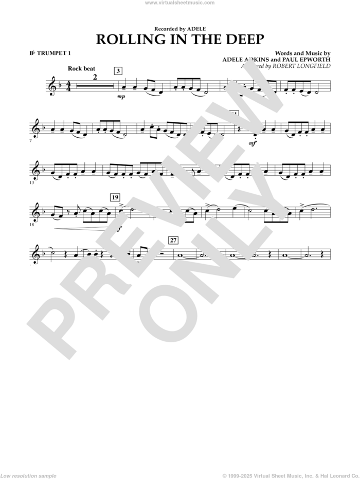 Rolling in the Deep sheet music for concert band (Bb trumpet 1) by Adele, Adele Adkins, Paul Epworth and Robert Longfield, intermediate skill level