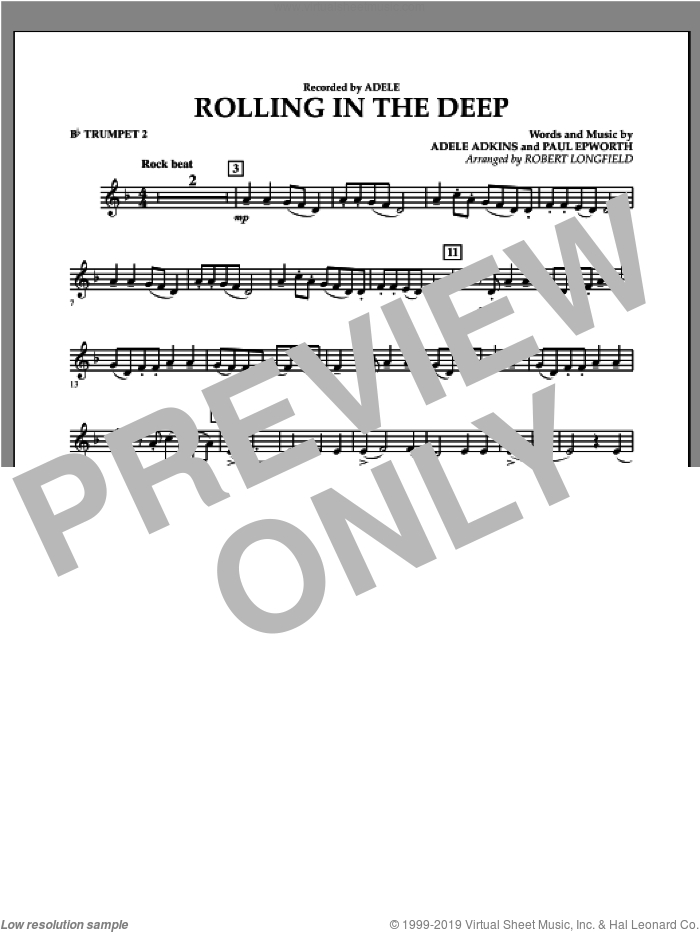 Rolling in the Deep sheet music for concert band (Bb trumpet 2) by Adele, Adele Adkins, Paul Epworth and Robert Longfield, intermediate skill level