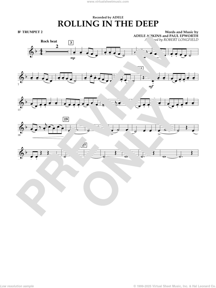 Rolling in the Deep sheet music for concert band (Bb trumpet 2) by Adele, Adele Adkins, Paul Epworth and Robert Longfield, intermediate skill level