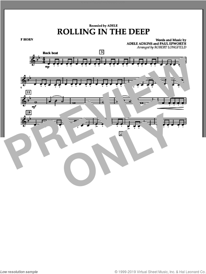 Rolling in the Deep sheet music for concert band (f horn) by Adele, Adele Adkins, Paul Epworth and Robert Longfield, intermediate skill level