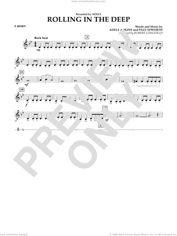 Rolling in the Deep sheet music for concert band (f horn) by Adele, Adele Adkins, Paul Epworth and Robert Longfield, intermediate skill level