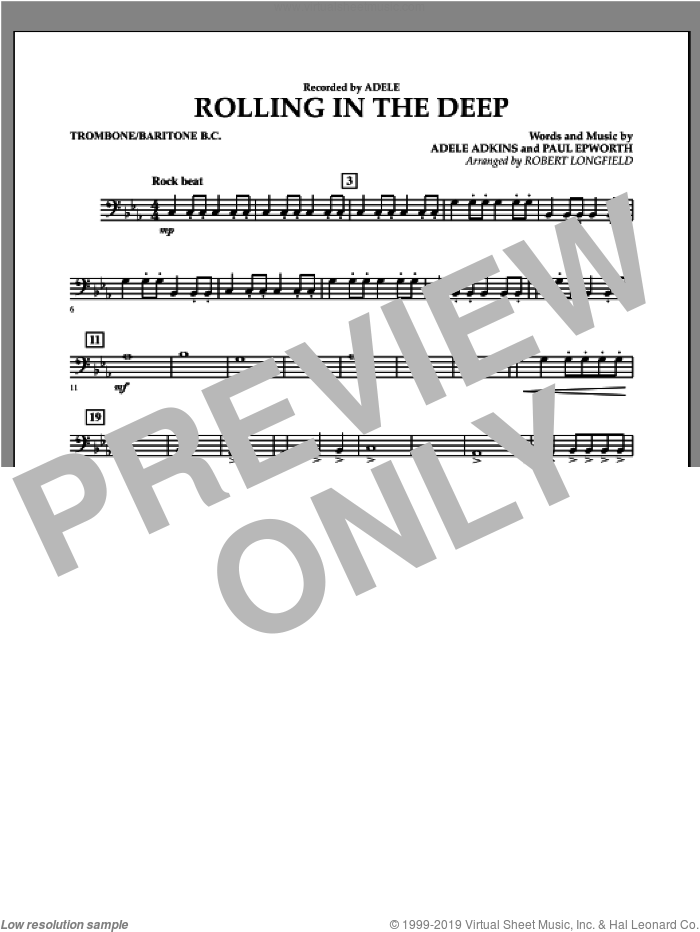 Rolling in the Deep sheet music for concert band (trombone/baritone b.c.) by Adele, Adele Adkins, Paul Epworth and Robert Longfield, intermediate skill level
