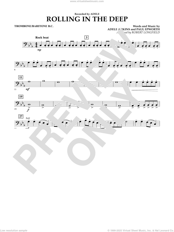 Rolling in the Deep sheet music for concert band (trombone/baritone b.c.) by Adele, Adele Adkins, Paul Epworth and Robert Longfield, intermediate skill level