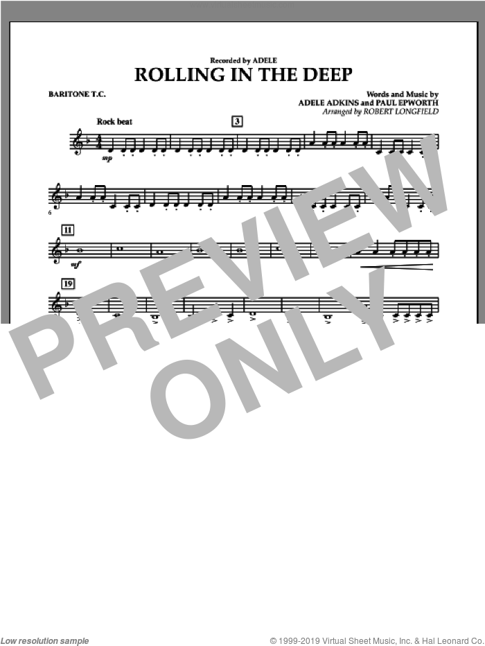 Rolling in the Deep sheet music for concert band (baritone t.c.) by Adele, Adele Adkins, Paul Epworth and Robert Longfield, intermediate skill level