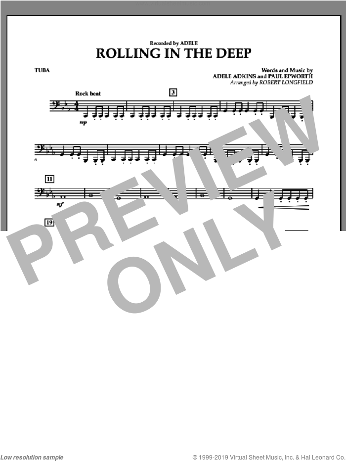 Rolling in the Deep sheet music for concert band (tuba) by Adele, Adele Adkins, Paul Epworth and Robert Longfield, intermediate skill level