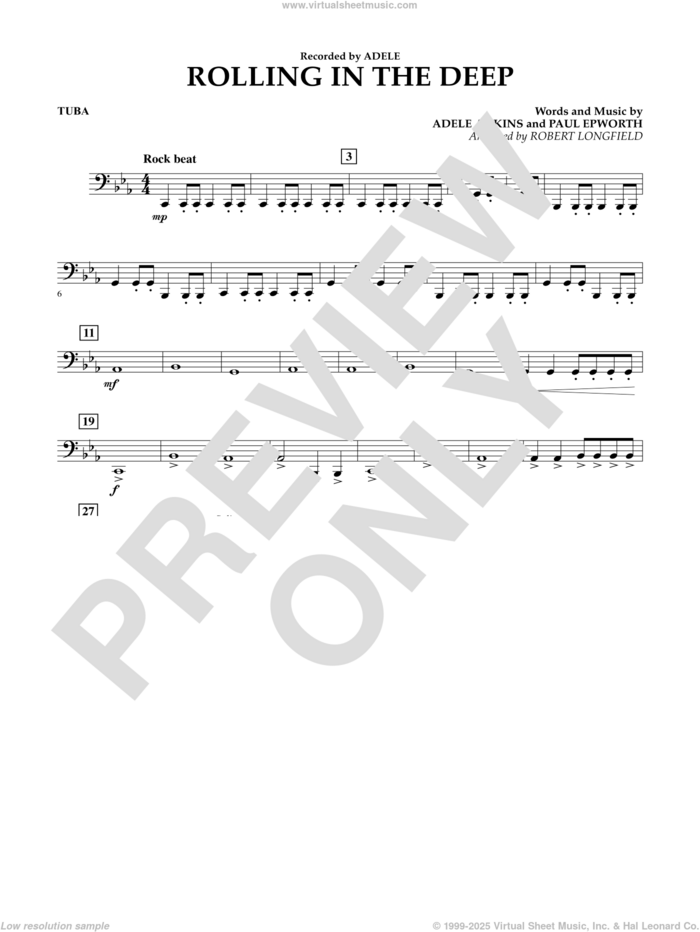 Rolling in the Deep sheet music for concert band (tuba) by Adele, Adele Adkins, Paul Epworth and Robert Longfield, intermediate skill level