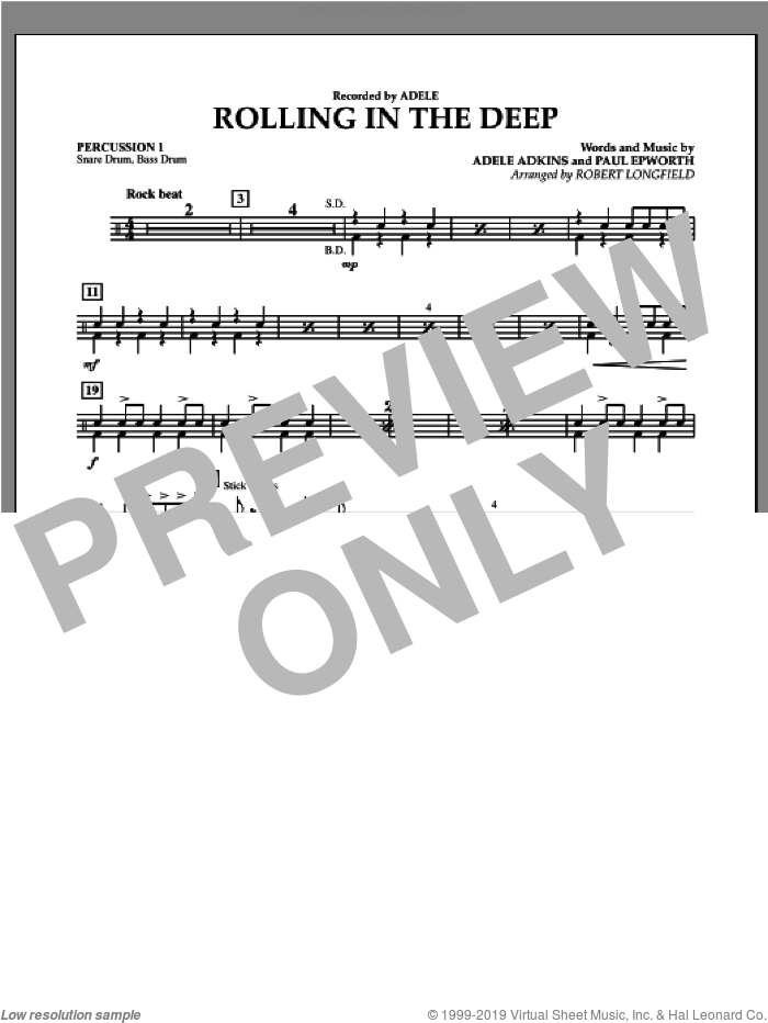 Rolling in the Deep sheet music for concert band (percussion 1) by Adele, Adele Adkins, Paul Epworth and Robert Longfield, intermediate skill level