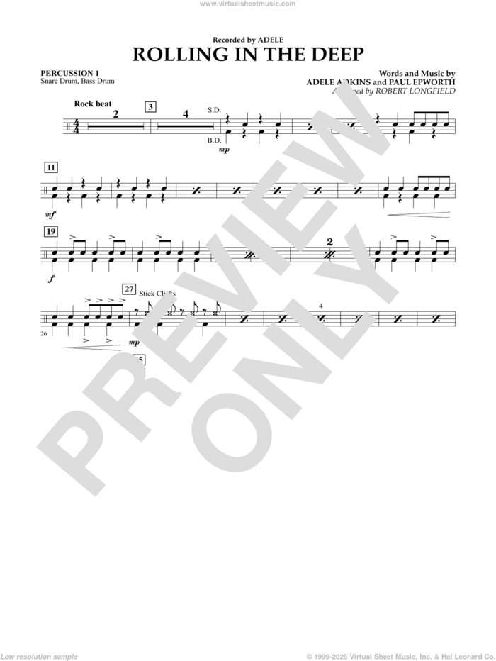 Rolling in the Deep sheet music for concert band (percussion 1) by Adele, Adele Adkins, Paul Epworth and Robert Longfield, intermediate skill level