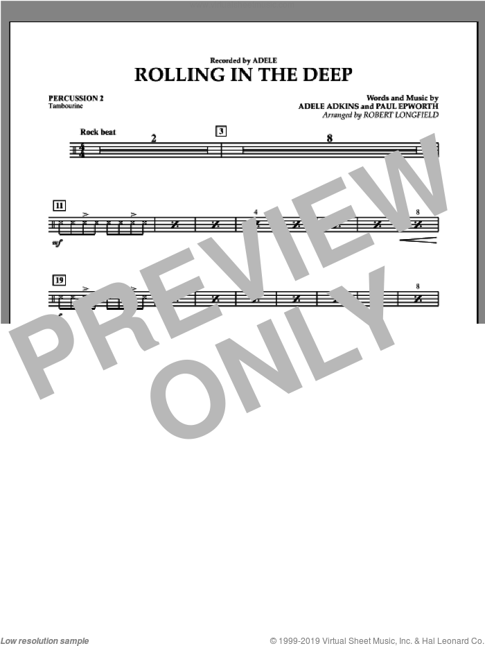 Rolling in the Deep sheet music for concert band (percussion 2) by Adele, Adele Adkins, Paul Epworth and Robert Longfield, intermediate skill level