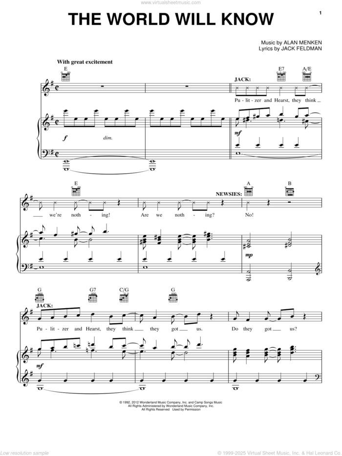 The World Will Know sheet music for voice, piano or guitar by Alan Menken and Jack Feldman, intermediate skill level