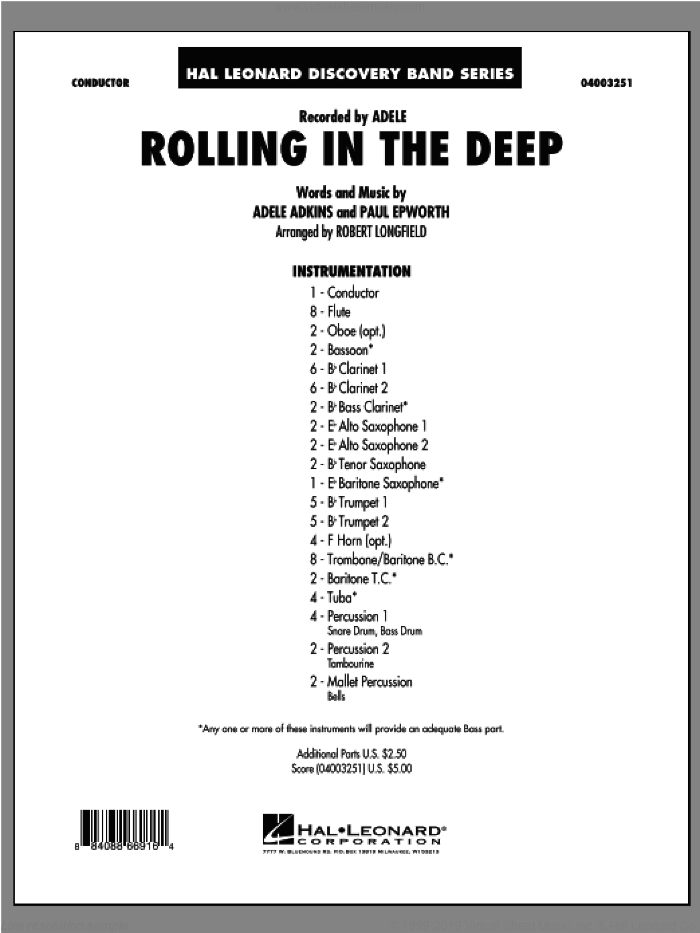 Rolling In The Deep (COMPLETE) sheet music for concert band by Adele, Adele Adkins, Paul Epworth and Robert Longfield, intermediate skill level