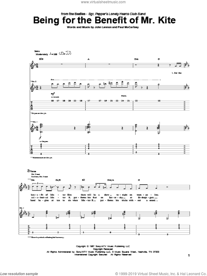 Being For The Benefit Of Mr. Kite sheet music for guitar (tablature) by The Beatles, John Lennon and Paul McCartney, intermediate skill level