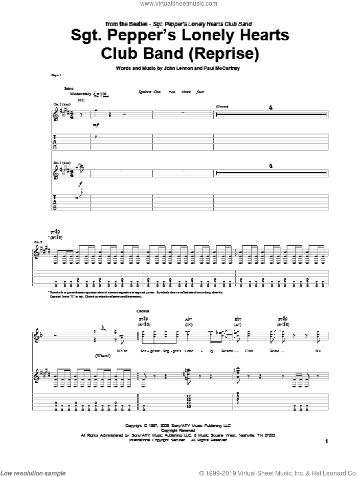 Sgt. Pepper's Lonely Hearts Club Band (Reprise) sheet music for guitar (tablature) by The Beatles, John Lennon and Paul McCartney, intermediate skill level