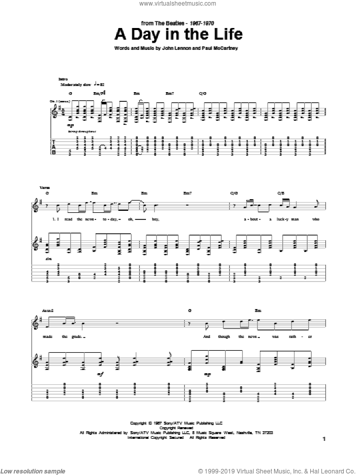 A Day In The Life sheet music for guitar (tablature) by The Beatles, John Lennon and Paul McCartney, intermediate skill level