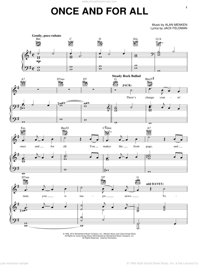 Once And For All sheet music for voice, piano or guitar by Alan Menken and Jack Feldman, intermediate skill level