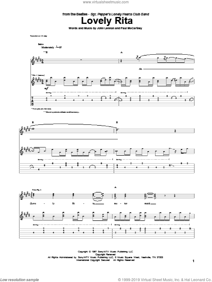 Lovely Rita sheet music for guitar (tablature) by The Beatles, John Lennon and Paul McCartney, intermediate skill level