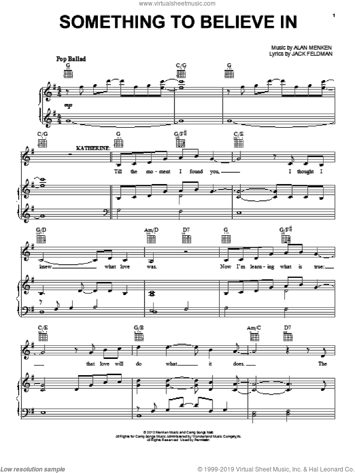Something To Believe In sheet music for voice, piano or guitar by Alan Menken and Jack Feldman, intermediate skill level