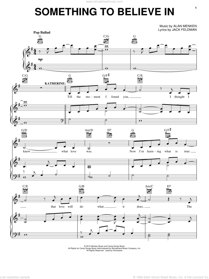 Something To Believe In sheet music for voice, piano or guitar by Alan Menken and Jack Feldman, intermediate skill level
