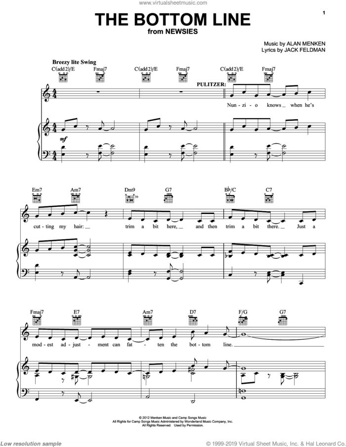 The Bottom Line sheet music for voice, piano or guitar by Alan Menken and Jack Feldman, intermediate skill level