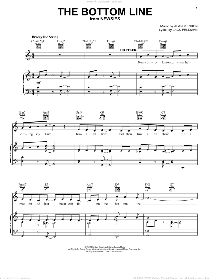 The Bottom Line sheet music for voice, piano or guitar by Alan Menken and Jack Feldman, intermediate skill level