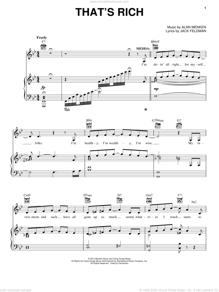 That's Rich sheet music for voice, piano or guitar by Alan Menken and Jack Feldman, intermediate skill level