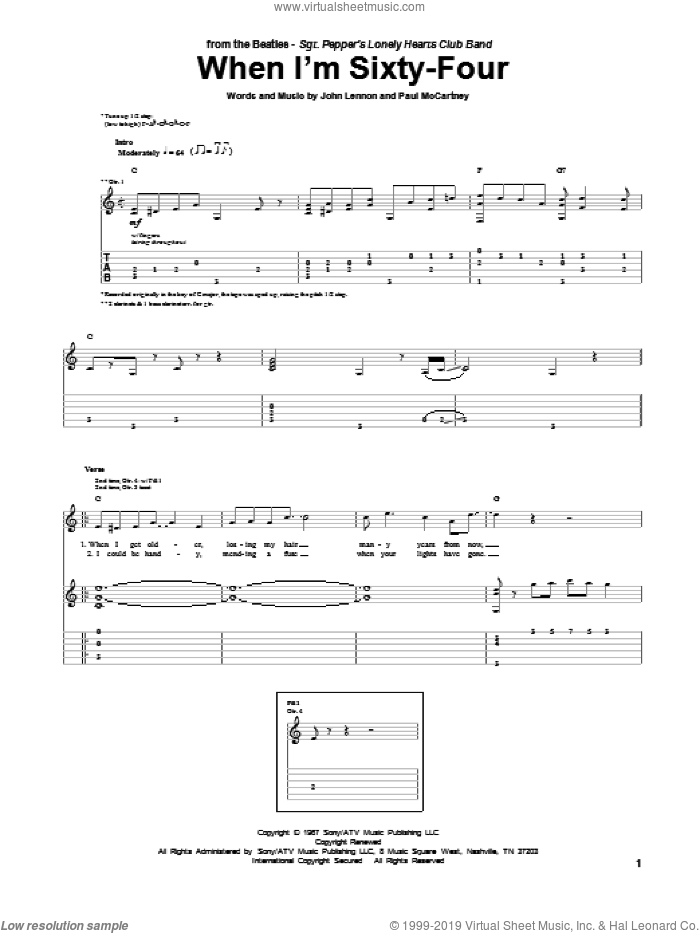 When I'm Sixty-Four sheet music for guitar (tablature) by The Beatles, John Lennon and Paul McCartney, intermediate skill level