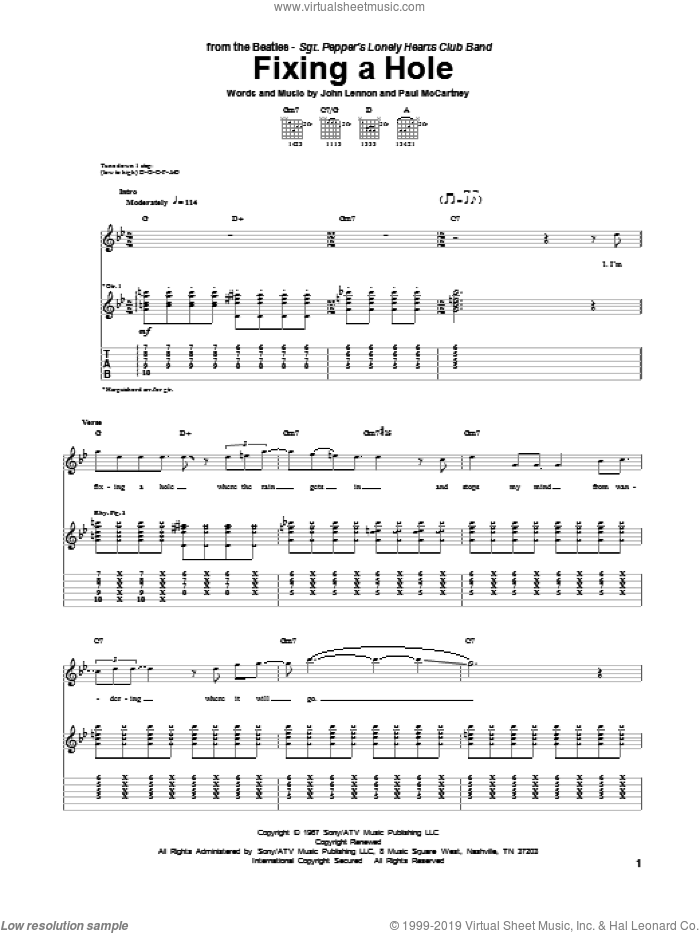 Fixing A Hole sheet music for guitar (tablature) by The Beatles, John Lennon and Paul McCartney, intermediate skill level
