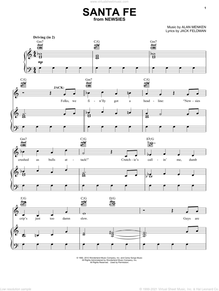 Santa Fe sheet music for voice, piano or guitar by Alan Menken and Jack Feldman, intermediate skill level