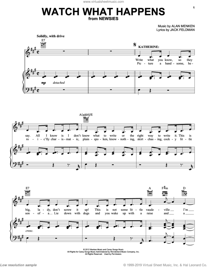 Watch What Happens sheet music for voice, piano or guitar by Alan Menken and Jack Feldman, intermediate skill level