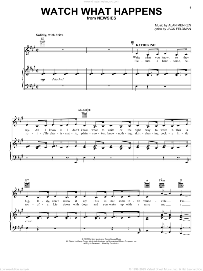 Watch What Happens sheet music for voice, piano or guitar by Alan Menken and Jack Feldman, intermediate skill level