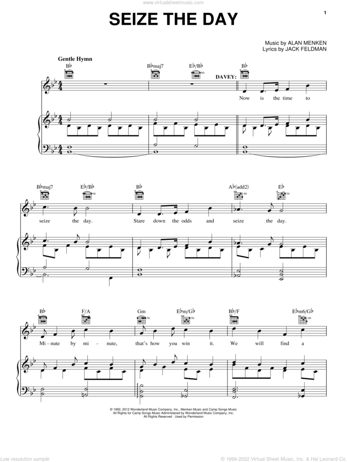 Seize The Day (from Newsies The Musical) sheet music for voice, piano or guitar by Alan Menken, Alan Menken & Jack Feldman and Jack Feldman, intermediate skill level
