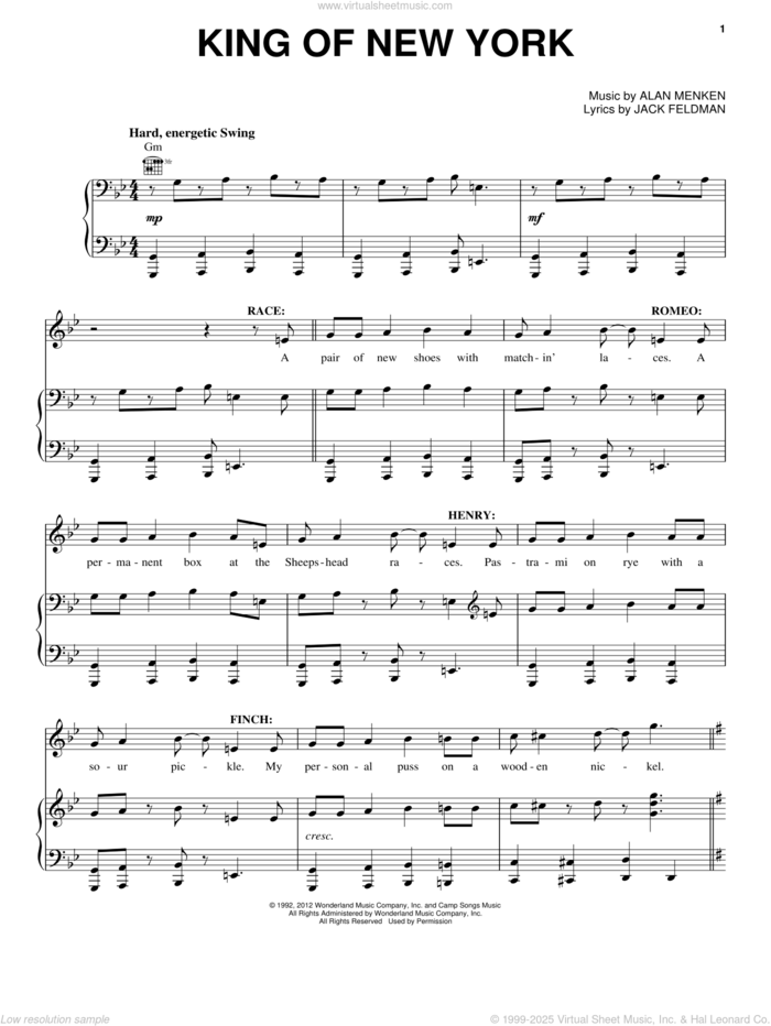 King Of New York sheet music for voice, piano or guitar by Alan Menken and Jack Feldman, intermediate skill level