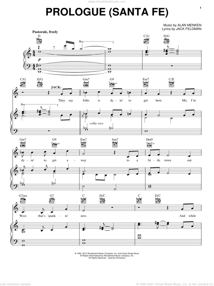 Prologue (Santa Fe) sheet music for voice, piano or guitar by Alan Menken and Jack Feldman, intermediate skill level