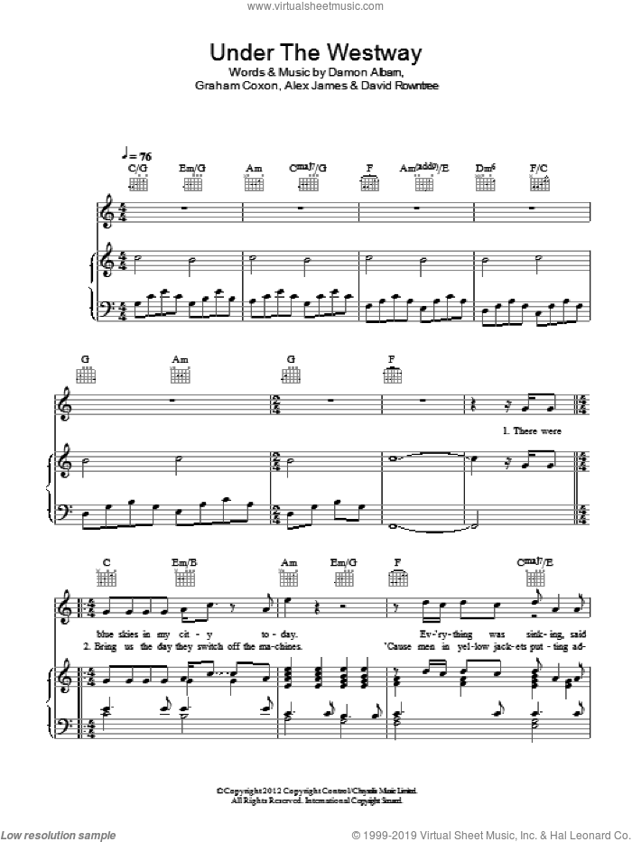 Under The Westway sheet music for voice, piano or guitar by Blur, Alex James, Damon Albarn, David Rowntree and Graham Coxon, intermediate skill level