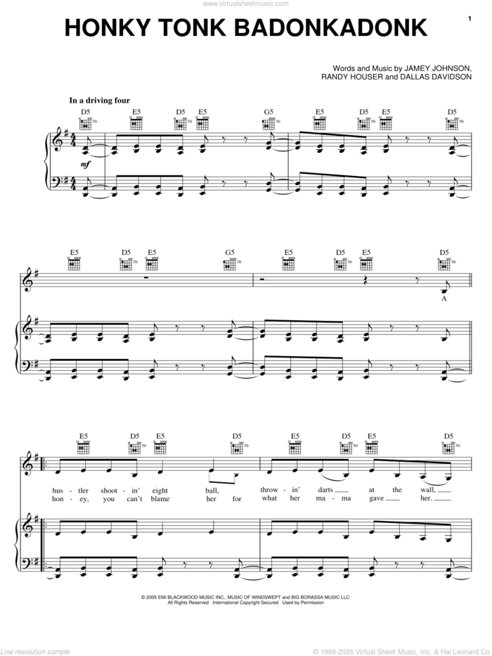 Honky Tonk Badonkadonk sheet music for voice, piano or guitar by Trace Adkins, Dallas Davidson, Jamey Johnson and Randy Houser, intermediate skill level