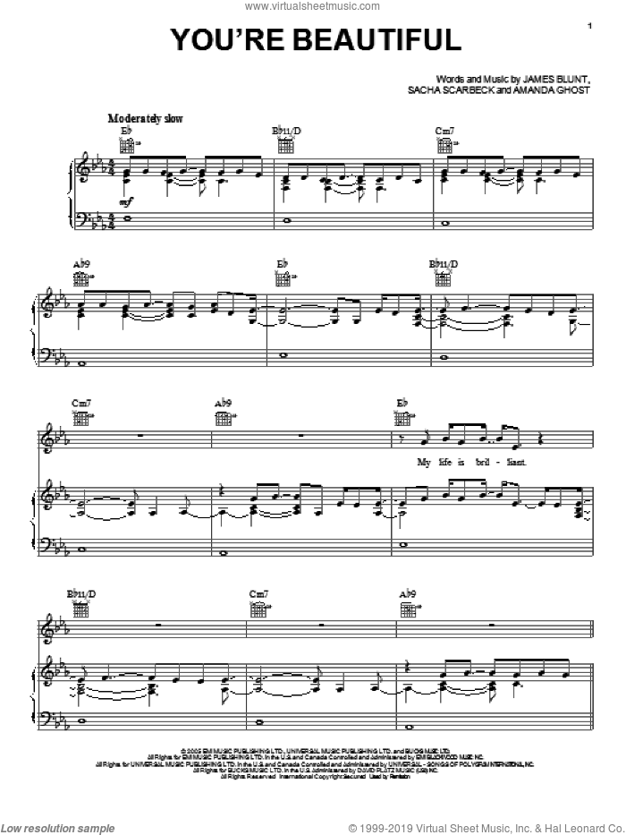 You're Beautiful sheet music for voice, piano or guitar by James Blunt, Amanda Ghost, James Blount and Sasha Scarbeck, intermediate skill level